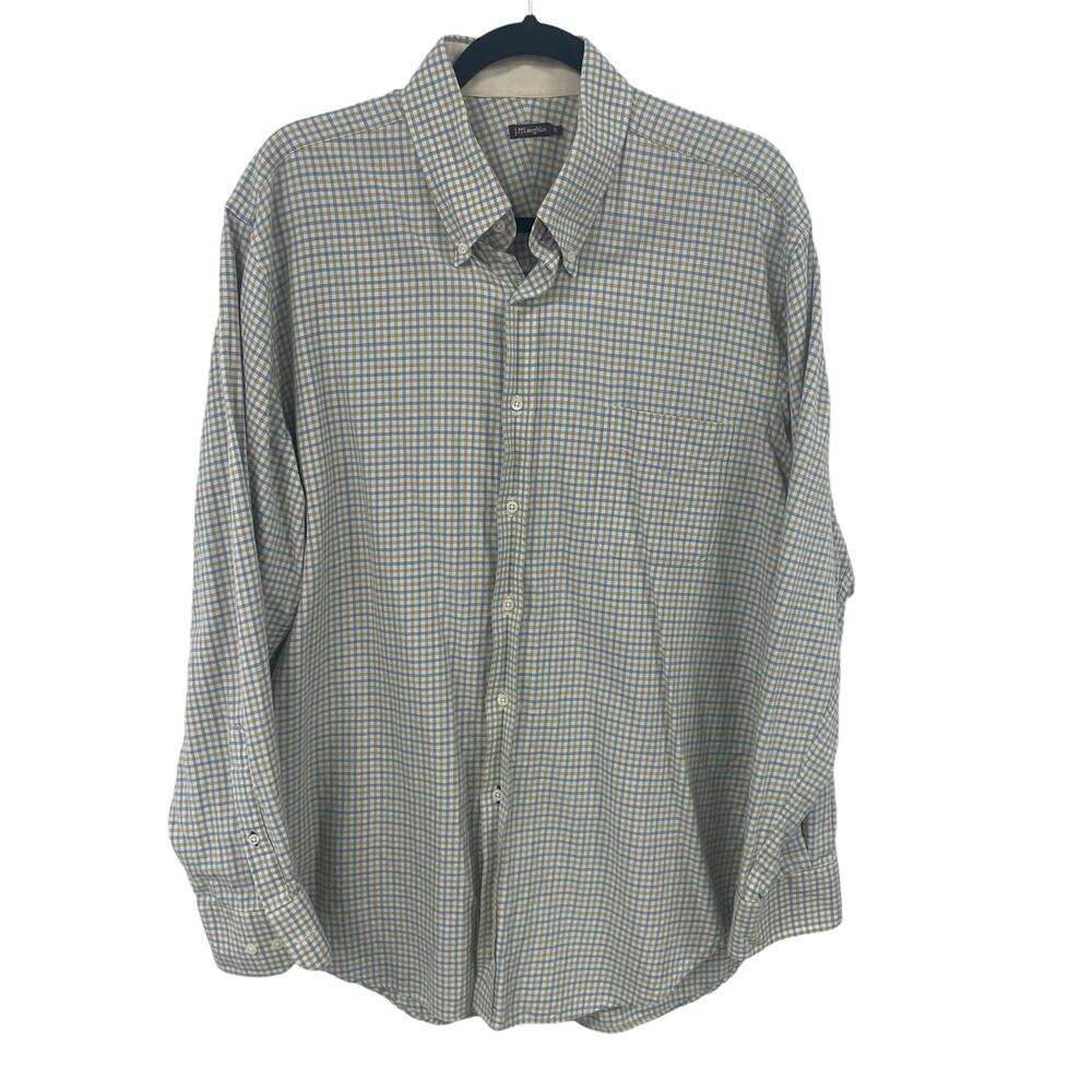 J. McLaughlin Cream Tan Blue Plaid Long Sleeve Button Down Mens XL